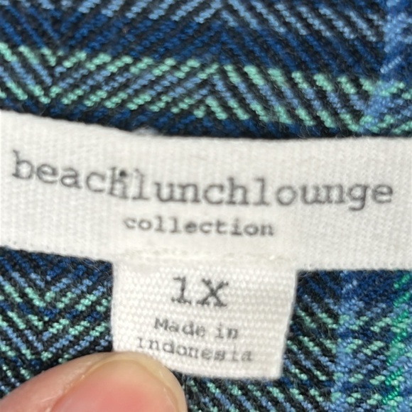 Beach lunch lounge Plaid Flannel Long Sleeve Button Down Shirt 1X Blue - Picture 5 of 12